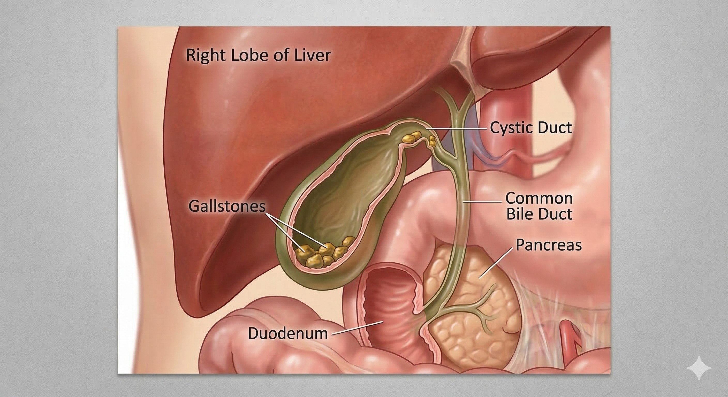 Diagram showing the gallbladder, biliary ducts, and gallstones