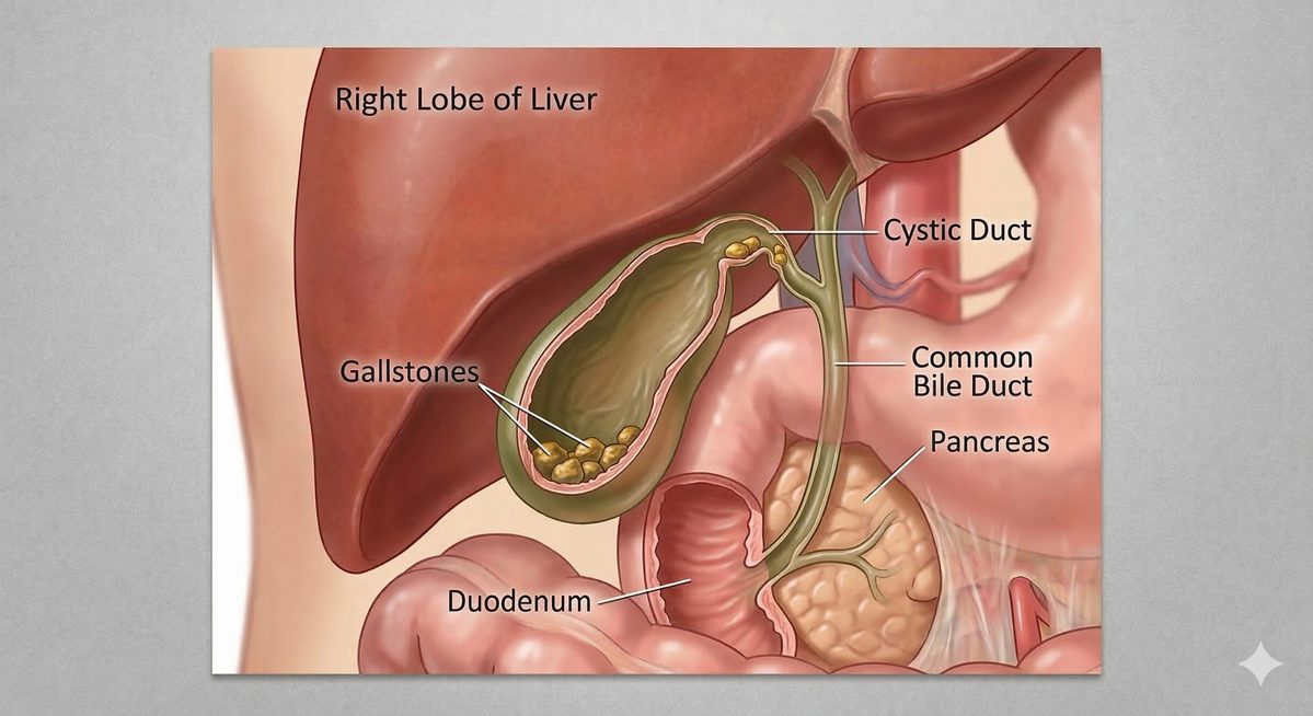 Detailed educational illustration of the gallbladder and surrounding bile ducts