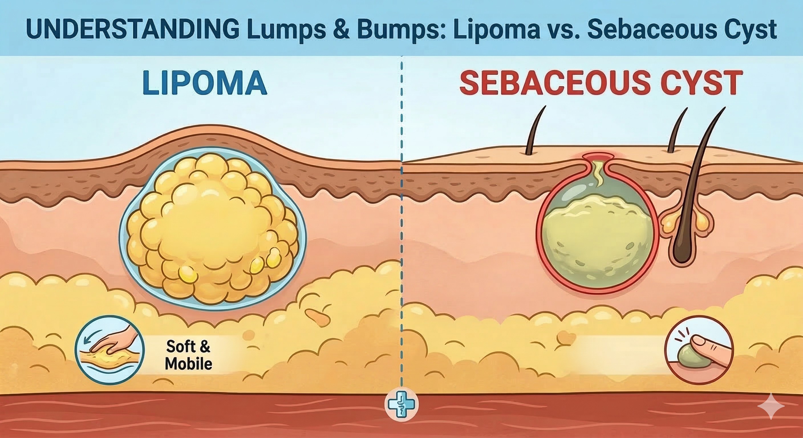 Diagram of skin layers and a lipoma